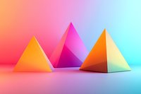 Colorful geometric pyramids on gradient background with vibrant pink, orange and blue lighting creating modern minimal composition for design projects.
