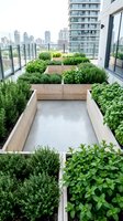 Rooftop garden with wooden planters containing herbs and vegetables overlooking urban cityscape, modern urban farming and sustainable living design for residential architecture projects.