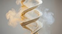 White ribbon spiraling through air with golden particles and smoke effects on neutral background for luxury design projects.