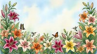 Colorful lily flowers border frame with butterflies on soft watercolor background for spring summer greeting cards and floral design projects.