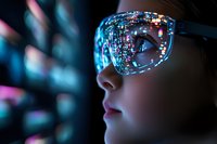 Young Asian woman wearing glasses with digital data reflection, neon lights creating futuristic cyberpunk atmosphere in dark environment.