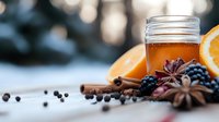 Aromatic mulled wine ingredients with orange slices, blackberries, star anise, cinnamon sticks and peppercorns on rustic wooden surface against blurred bokeh background.