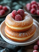 Stack of golden fluffy pancakes topped with fresh raspberries and powdered sugar on white plate for breakfast menu and food photography.