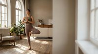 Young woman with medium skin tone practicing yoga in bright, minimalist home interior with natural sunlight, wooden flooring, and potted plants for wellness and fitness content.