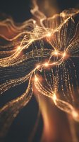 Abstract golden light particles flowing and swirling with glowing strands against dark background, creating elegant motion effect for digital design, technology, and creative projects.