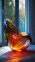 Modern amber glass chair with organic flowing shape catching sunlight on windowsill, creating warm glowing reflections and dramatic shadows.