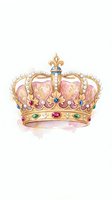 Watercolor royal crown with pink and gold ornate details, pearls and gemstones on white background for princess themed designs and luxury branding projects.