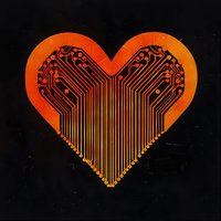 Orange circuit board pattern in heart shape on black background, electronic love concept with technology elements and digital connections forming romantic symbol.