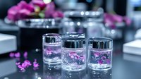 Glass jars with pink flower petals in water on dark surface, soft bokeh background creates dreamy spa atmosphere for wellness and beauty concepts.