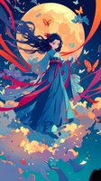 Young woman in traditional Asian dress floating against full moon backdrop with colorful butterflies and flowing ribbons in vibrant anime style illustration.