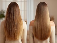 Before and after hair treatment comparison showing transformation from frizzy, damaged hair to smooth, straight, glossy blonde hair for beauty salon advertising.