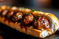 Grilled sausages with caramelized onions in crusty bread roll, garnished with fresh herbs. Savory street food sandwich ready for lunch or dinner service.