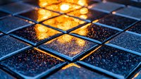 Illuminated blue ceramic tiles with water droplets reflecting golden light, creating dramatic contrast and geometric patterns. Suitable for architectural or spa designs.