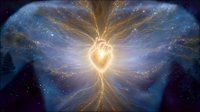 Glowing heart-shaped energy radiates golden light through cosmic space, surrounded by ethereal blue nebula and sparkling stars against dark forest silhouettes.
