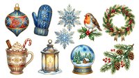 Festive holiday ornaments and decorations including baubles, mittens, snowflakes, robin, wreaths, cocoa mug, lantern and snow globe isolated on white background for seasonal design projects.