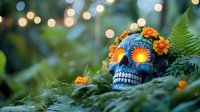 Decorative blue sugar skull with orange marigold flowers and rising sun design rests among green ferns against blurred bokeh lights, celebrating Day of Dead traditions.