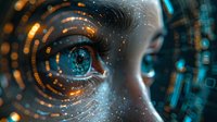 Futuristic close-up of glowing cyan and orange digital circles surrounding human eye with technological interface overlay, representing artificial intelligence and biometric scanning.