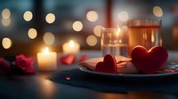Romantic dinner setting with glowing candles, red heart decorations and wine glass against blurred bokeh lights, creating intimate Valentine's Day atmosphere.