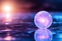 Glowing crystal sphere reflecting on water surface with magical purple and blue light effects, creating mystical atmosphere against dark background.