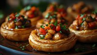 Savory puff pastry tarts topped with roasted chickpeas, tomatoes and fresh herbs served as appetizers for gourmet catering or party food.