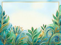 Watercolor botanical frame with teal and gold leaves, swirls, and copy space for wedding, invitation, or greeting card design.