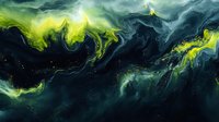 Ethereal abstract fluid art in dark teal and luminous yellow-green creates dramatic swirling patterns resembling northern lights or cosmic nebula. Moody atmospheric background.