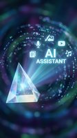 AI assistant concept with holographic pyramid and digital interface icons on futuristic technology background with glowing particles and neon colors.