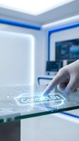 Hand in medical glove touching holographic contact us button on futuristic digital interface in modern laboratory environment with glowing effects.