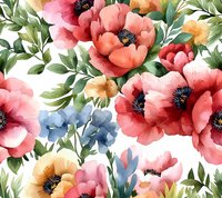 Watercolor floral seamless pattern with coral poppies, blue and yellow wildflowers, and green leaves on white background. Repeatable botanical print for fabric design.