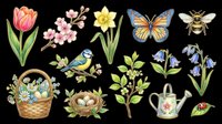 Botanical spring garden collection with tulip, cherry blossoms, daffodil, monarch butterfly, bee, blue tit bird, flower basket, nest, herbs, watering can, and ladybug. Isolated on transparent background, ready for t-shirts, clipart, stickers, and print-on-demand designs.
