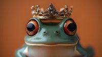 Adorable frog prince wearing ornate silver crown with large orange eyes on warm background. Fantasy fairy tale character concept for children stories.