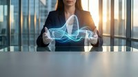 Woman in business attire holding glowing digital wave visualization in modern office with city skyline at sunset, representing data analysis and technology innovation.