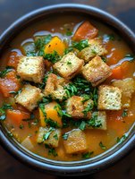 Hearty vegetable soup with golden croutons and fresh herbs in rustic bowl. Comfort food for cold days, restaurant menu photography, homemade cooking concept.