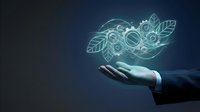 Businessman hand holding glowing digital gears and leaves, representing innovation, technology integration, and sustainable business growth solutions.