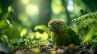 Green parrot in natural tropical forest environment with blurred bokeh background and lush foliage, side view portrait showing detailed feathers and beak.