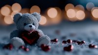 Soft gray teddy bear holding red heart on snowy surface with scattered hearts and romantic bokeh lights in background, creating dreamy Valentine mood.