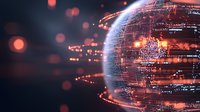Glowing digital planet with orange light particles and network connections against dark background, representing global technology and data visualization.