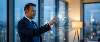 Professional businessman in dark suit interacting with futuristic holographic interface display in modern office environment during evening hours.