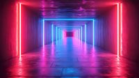 Futuristic corridor with glowing neon lights creating perspective tunnel effect in pink and blue colors, reflective floor surface shows vibrant illumination patterns.