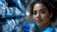 Young mixed race female medical professional in blue scrubs with curly hair smiling confidently in hospital pharmacy or medical storage room with blurred supplies background.