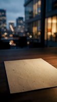 Blank kraft paper sheet on wooden table with blurred city skyline and illuminated buildings at dusk, suitable for mockups and design presentations.
