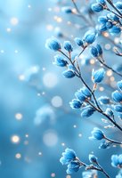 Delicate frost-covered blue winter buds on branches against soft bokeh background, creating magical seasonal atmosphere for holiday designs and winter cards.