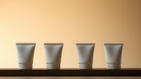Minimalist composition of four identical white cosmetic tubes arranged in row on wooden surface against beige background, creating clean professional look.