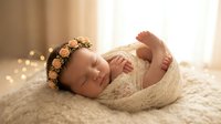 Peaceful newborn baby girl sleeping wrapped in cream knit blanket wearing floral headband in soft natural light for nursery decor and birth announcements.
