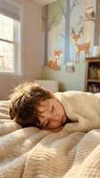 Young boy sleeping peacefully in cozy bedroom with woodland animal wall mural featuring fox, deer and owl in soft morning light for children's decor.