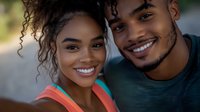 Young African American couple smiling outdoors in casual attire, showing genuine happiness and connection. Close up portrait capturing authentic relationship moments.
