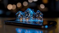 Futuristic smart home hologram projection from smartphone screen with glowing blue wireframe houses and digital network connections on dark background.