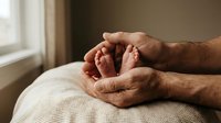 Adult male hands cradling newborn baby feet on soft fabric, depicting parental care, bonding, and family love for maternity, healthcare, and lifestyle content.