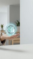 Hand holding glowing neon gear and checkmark icon in sphere, representing technology, innovation, and business solutions for corporate design projects.