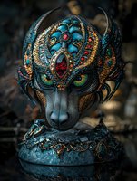Mystical wolf head sculpture adorned with ornate turquoise and gold details, featuring red gemstones and intricate metalwork patterns in fantasy medieval style.